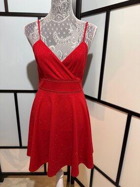 Red Sparkle V-Neck Mini Dress with Spaghetti Straps and Fitted Waist